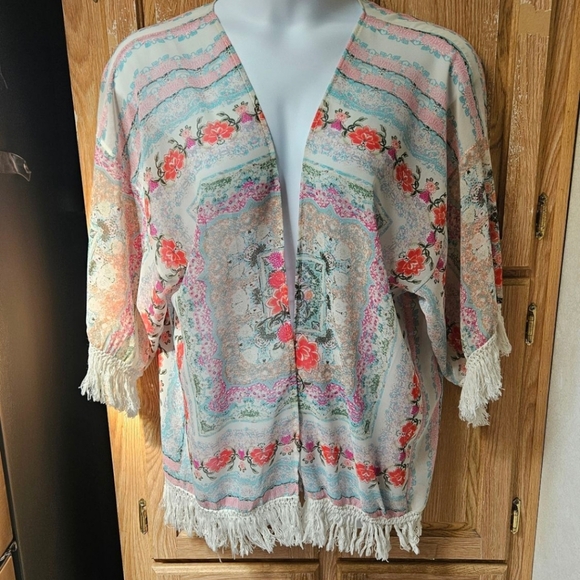 OPEN Floral Chiffon Fringe Boo-boo Style Swimsuit Cover-Up Size LG/XL - Picture 2 of 12
